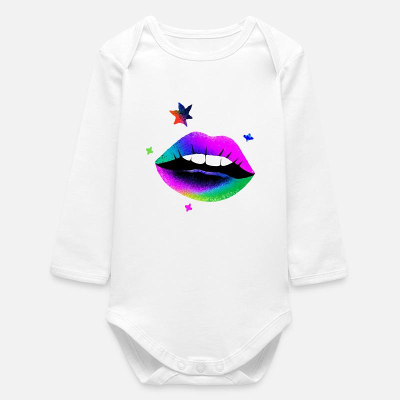 Rainbow Lips Pop Art Neon - Baby Organic Long-Sleeved Bodysuit - white