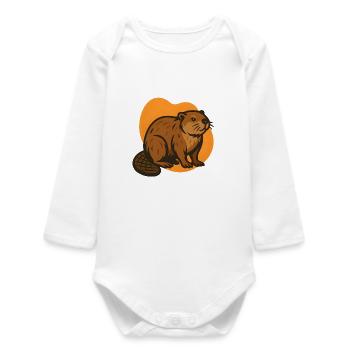 Beaver in orange background - Baby Organic Long-Sleeved Bodysuit - white - Front