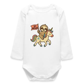 Sloth on Unicorn 1st Birthday - Baby Organic Long-Sleeved Bodysuit - white - Front