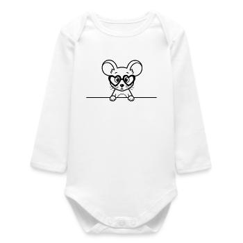 Cute Mouse with Heart Glasses Lineart - Baby Organic Long-Sleeved Bodysuit - white - Front