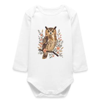 Owl's eye in a wreath of flowers - Baby Organic Long-Sleeved Bodysuit - white - Front