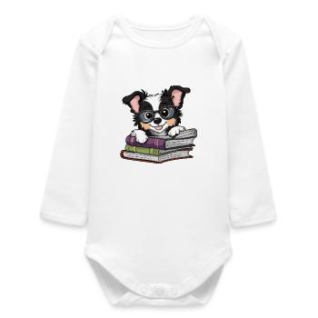 Cute Collie Dog Reading Book with Glasses - Baby Organic Long-Sleeved Bodysuit - white - Front