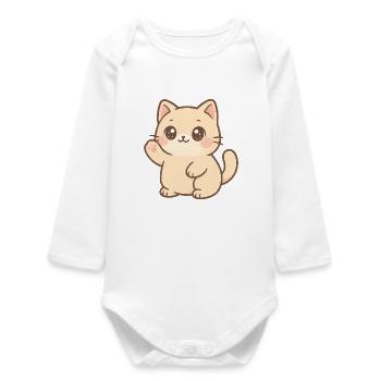 Kawaii Kitten Waving Design - Baby Organic Long-Sleeved Bodysuit - white - Front