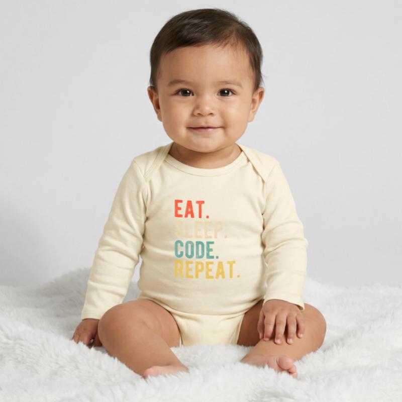 Eat Sleep Code Repeat Programmer Nerd Retro Body bébé manches longues biologique