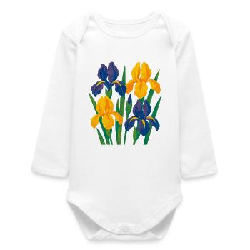 Iris Harmony: Golden and Indigo Blooms - Baby Organic Long-Sleeved Bodysuit - white - Front