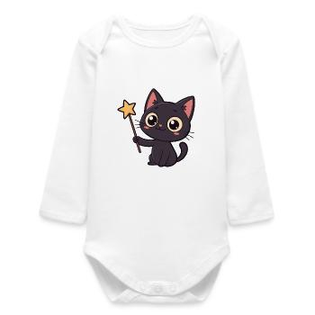 Chat magique et baguette étoilée - Body bébé manches longues biologique - blanc - Devant