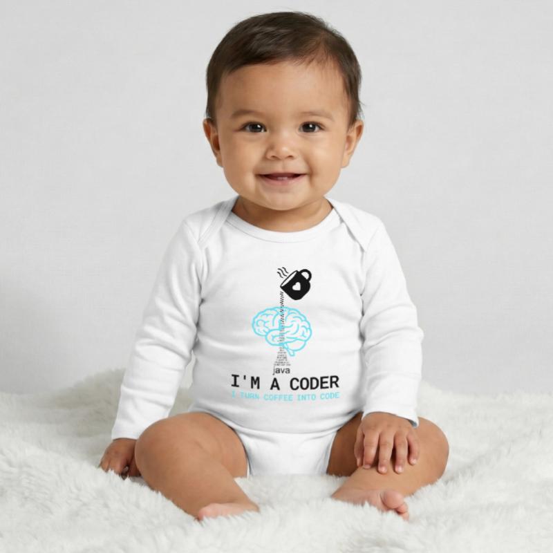 Coder T-Shirt: Coffee into Code – Nerdy Programmie Baby Organic Langarmbody