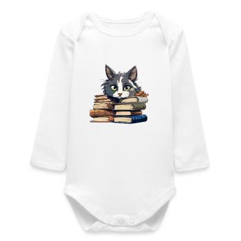 Bibliophile de Chat de la Pile de Livres - Body bébé manches longues biologique - blanc - Devant