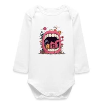Pink Mouth World with Creatures - Baby Organic Long-Sleeved Bodysuit - white - Front