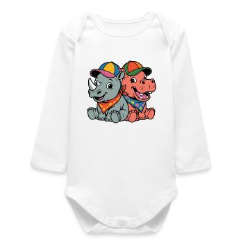Duo animal avec des casquettes colorées - Body bébé manches longues biologique - blanc - Devant