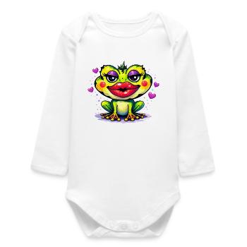 Funny Toad with Lips – Colorful Comic Animal Motif - Baby Organic Long-Sleeved Bodysuit - white - Front