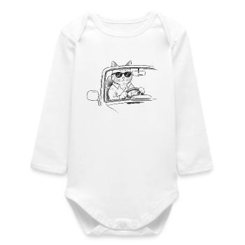 Cat drives a car - Cool kitten with sunglasses - Baby Organic Long-Sleeved Bodysuit - white - Front