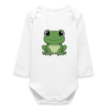 Happy Frog Cartoon Green - Baby Organic Long-Sleeved Bodysuit - white - Front