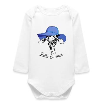 Hello Summer Giraffe Blue Sun Hat Animal Design - Baby Organic Langarmbody - Weiß - Vorne