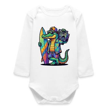 Surfer Alligator with Board & Boombox Summer Look - Baby Organic Long-Sleeved Bodysuit - white - Front