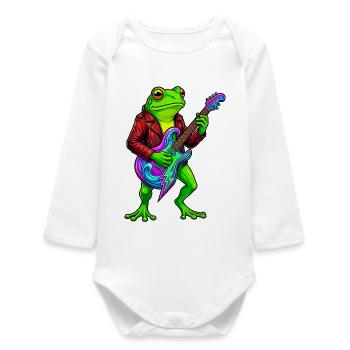 Frog with jacket and neon electric guitar - Baby Organic Long-Sleeved Bodysuit - white - Front