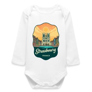 Strasbourg Cathedral Retro Sunset Badge - Baby Organic Long-Sleeved Bodysuit - white - Front