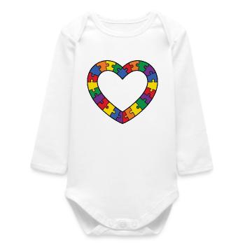 Autism Puzzle Heart Motif - Baby Organic Long-Sleeved Bodysuit - white - Front