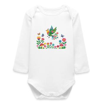 Spring beginning bird in colorful flower meadow motif - Baby Organic Long-Sleeved Bodysuit - white - Front