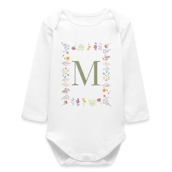 Initial M Floral Monogram - Baby Organic Long-Sleeved Bodysuit - white - Front