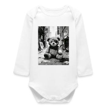 Teddy bear with eye patch near road - Baby Organic Long-Sleeved Bodysuit - white - Front