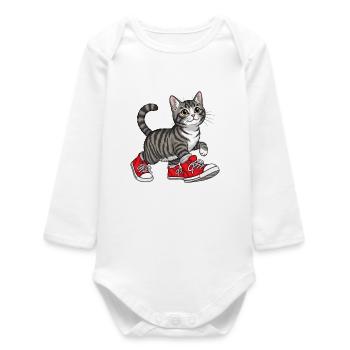 Cute Cat with Red Sneakers - uniq Design - Baby Organic Long-Sleeved Bodysuit - white - Front