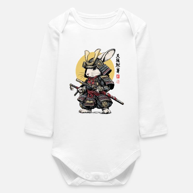 Rabbit Samurai in Armor with Katana - Baby Organic Long-Sleeved Bodysuit - white