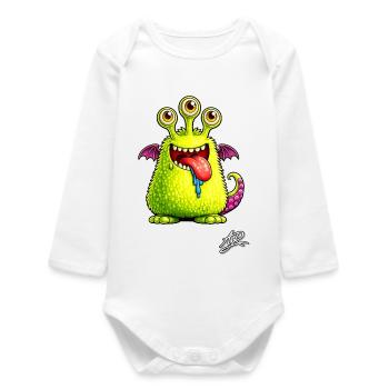 Green Three-Eyed Monster - Baby Organic Long-Sleeved Bodysuit - white - Front