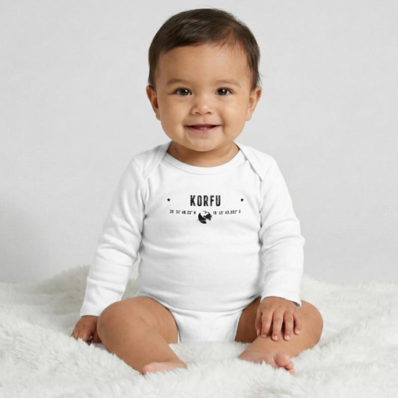Corfu Stylized Geographical Coordinates Baby Organic Long-Sleeved Bodysuit