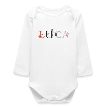 LUCA Namenskunst mit gestickten Blumen - Baby Organic Langarmbody - Weiß - Vorne