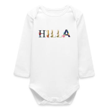 HILLA name decorated with flowers - Baby Organic Long-Sleeved Bodysuit - white - Front