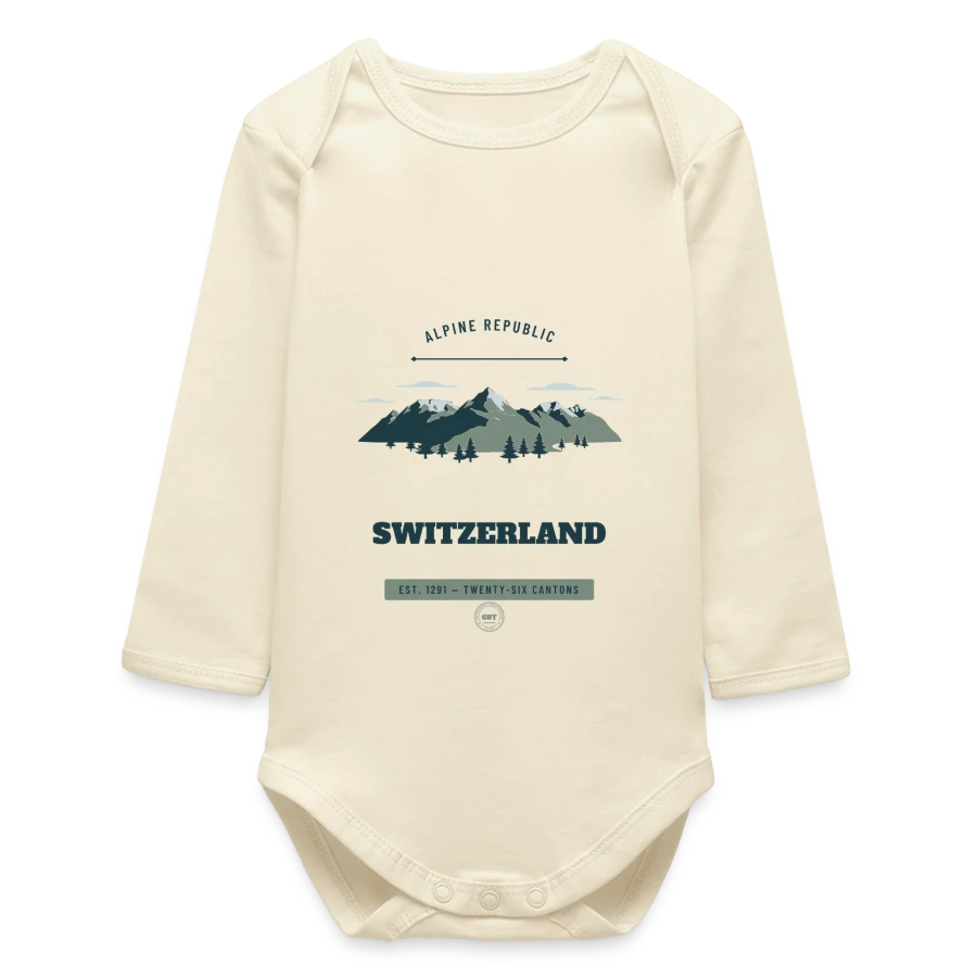 Switzerland badge on a baby organic long-sleeved bodysuit, soft Ecru
