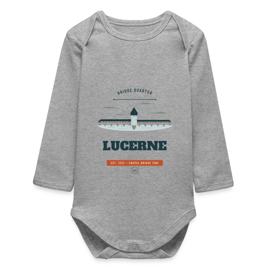 Lucerne badge on a baby organic long-sleeved bodysuit, heather grey