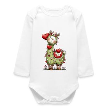 Lama with hearts - Baby Organic Long-Sleeved Bodysuit - white - Front