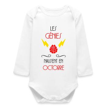les génies naissent en Octobre - Anniversaire - Body bébé manches longues biologique - blanc - Devant
