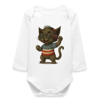 Cat DJ in Americana look - Baby Organic Long-Sleeved Bodysuit - white - Front