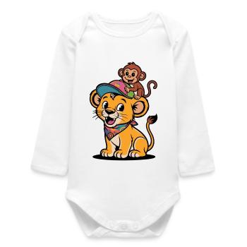 Cute Lion and Monkey – Best Friends - Baby Organic Long-Sleeved Bodysuit - white - Front