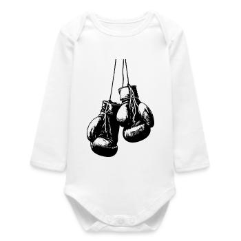 Gants de boxe noirs accrochés aux cordons - Body bébé manches longues biologique - blanc - Devant