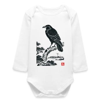 Japanese Raven, Mount Fuji, Ukiyo-e Vintage Style - Baby Organic Long-Sleeved Bodysuit - white - Front