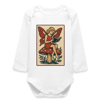 Fairy Reading on Red Mushroom - Baby Organic Long-Sleeved Bodysuit - white - Front