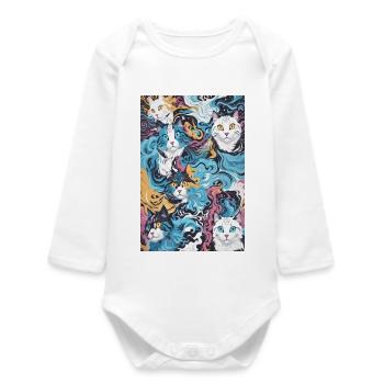 Cat Pattern - Baby Organic Long-Sleeved Bodysuit - white - Front