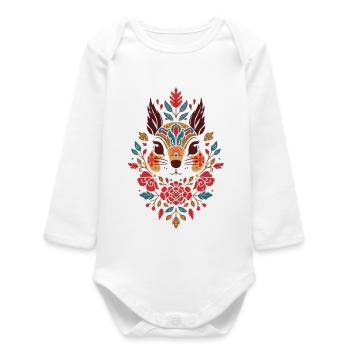 Floral Squirrel Head Folk Art - Baby Organic Long-Sleeved Bodysuit - white - Front