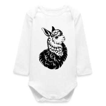 Lama Kopf T-Shirt – Schwarzes Vintage Tiermotiv - Baby Organic Langarmbody - Weiß - Vorne