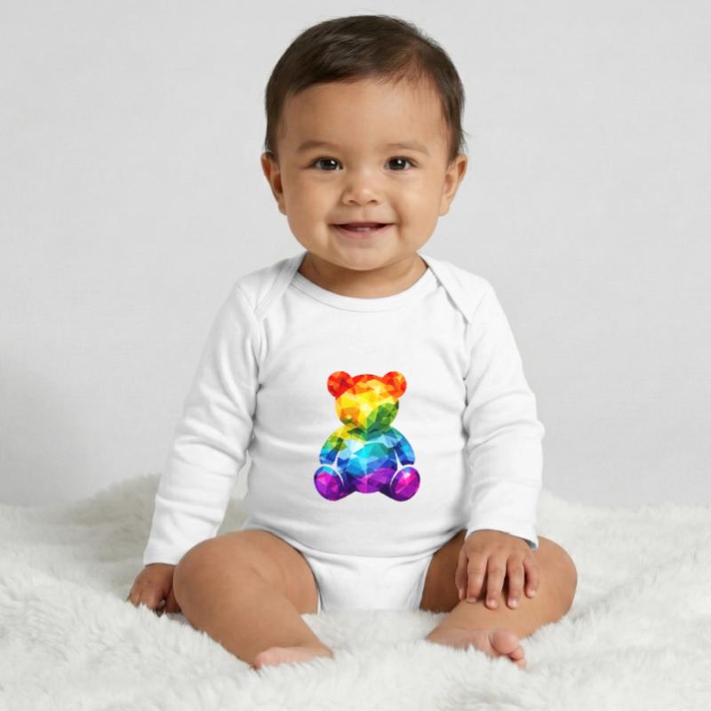 Rainbow teddy bear in geometric pattern Baby Organic Long-Sleeved Bodysuit