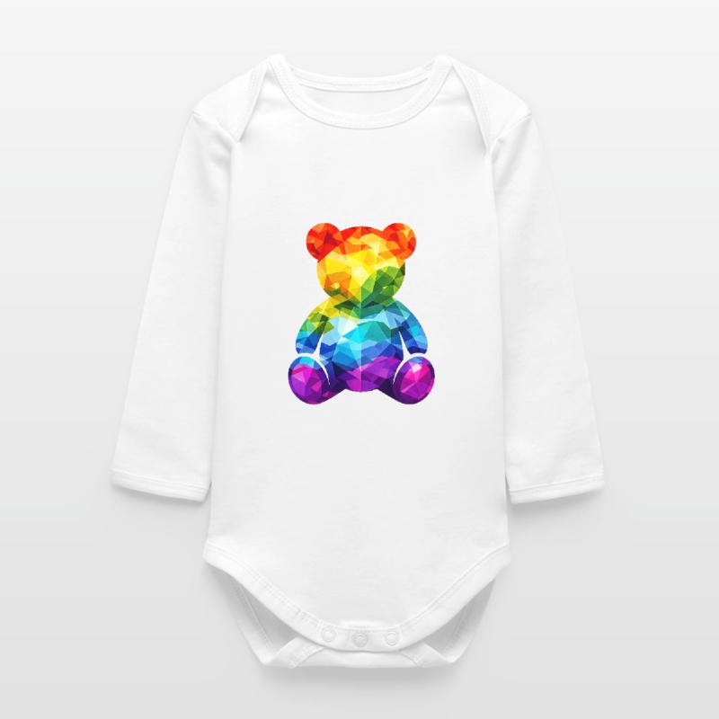 Rainbow teddy bear in geometric pattern Baby Organic Long-Sleeved Bodysuit