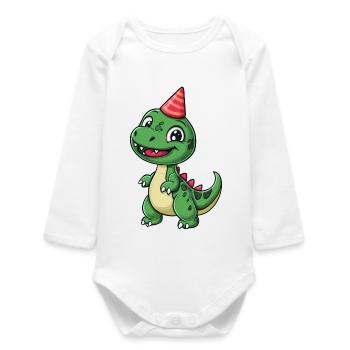 Cute Dinosaur with Party Hat - Fun and Playful - Baby Organic Long-Sleeved Bodysuit - white - Front