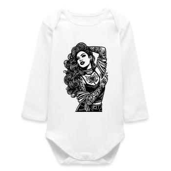 Modern Black and White Tattoo Portrait - Baby Organic Long-Sleeved Bodysuit - white - Front