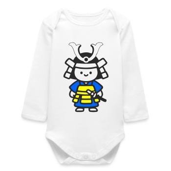 Kawaii Samurai Kind in Gelb Blau - Baby Organic Langarmbody - Weiß - Vorne
