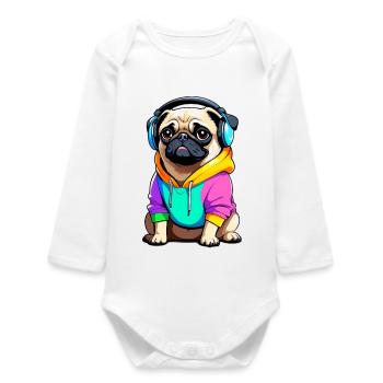 Pug with headphones and clothes - Baby Organic Long-Sleeved Bodysuit - white - Front