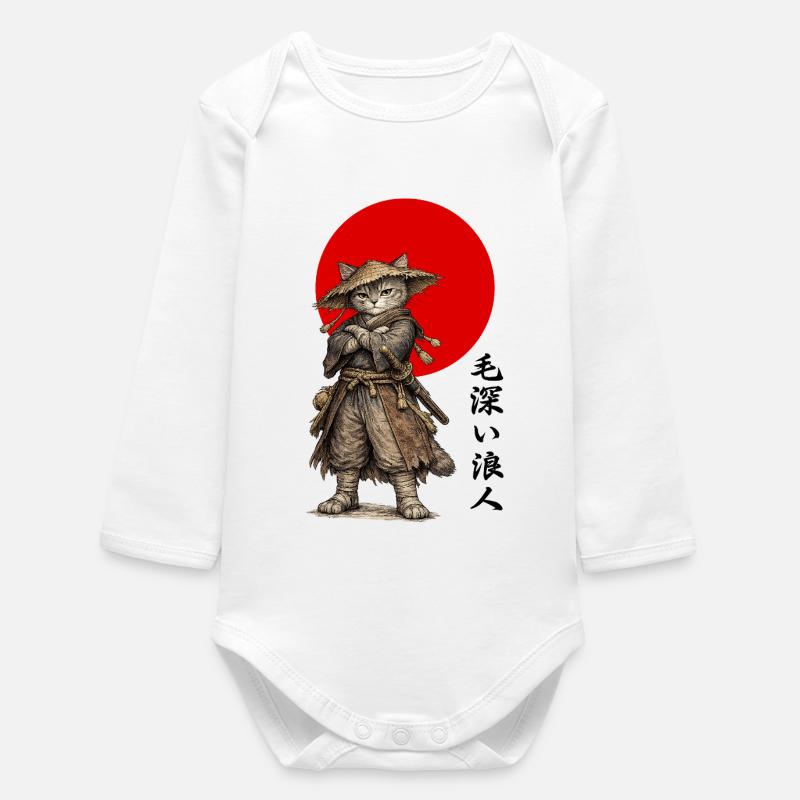 Cat Ronin Samurai Under Red Sun - Baby Organic Long-Sleeved Bodysuit - white